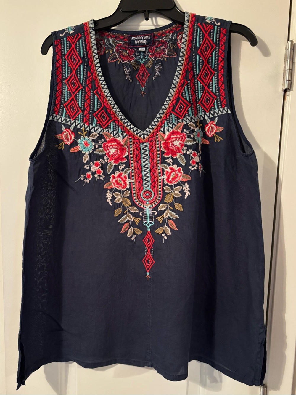 Johnny Was Navy Sleeveless V-Neck Top with Red & Pink Embroidery